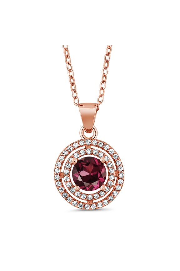1.64 Ct Round Red Rhodolite Garnet 18K Rose Gold Plated Silver Pendant with Chain