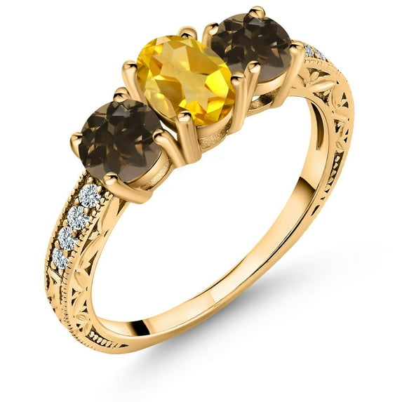 Gem Stone King 1.64 Cttw 7X5MM Oval Yellow Citrine and 5MM Round Brown Smoky Quartz 18K Yellow Gold Plated Silver 3-Stone Ring for Women (Size 9)