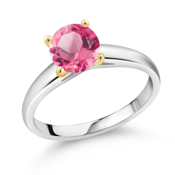 Gem Stone King 1.65 Ct 7mm Round Pink Mystic Topaz 925 Silver and 10K Yellow Gold Ring Ring (Size 8)