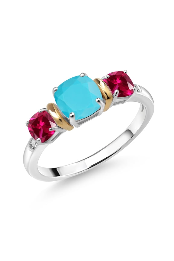 1.65 Ct Green Turquoise Red Created Ruby 925 Silver and 10K Yellow Gold Diamond 3-Stone Ring (Size 7)