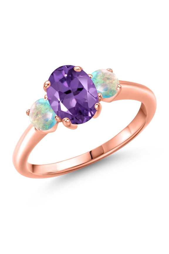 1.65 Ct Oval Purple Amethyst White Simulated Opal 18K Rose Gold Plated Silver Ring (Size 6)
