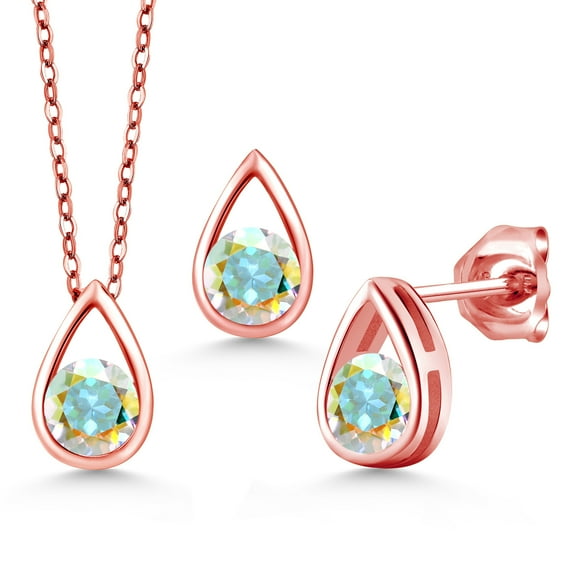 Gem Stone King 1.65 Ct Round Mercury Mist Mystic Topaz 18K Rose Gold Plated Silver Teardrop Pendant and Earrings Jewelry Set With Chain