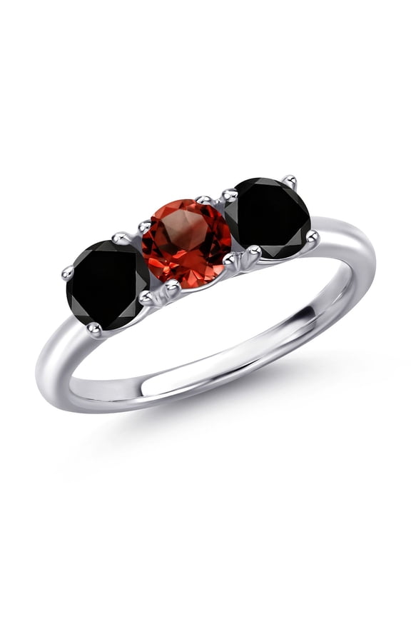 925 Sterling Silver Red Garnet and Black Diamond Engagement Ring for Women | 1.65 Cttw | Round 5MM | Gemstone January Birthstone | Size 9