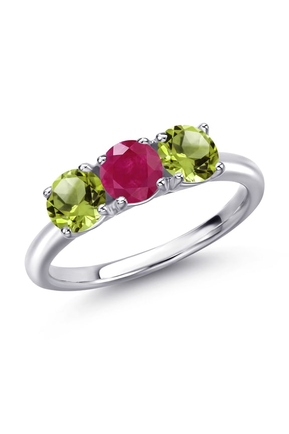 925 Sterling Silver Red Ruby and Green Peridot Engagement Ring for Women | 1.65 Cttw | Round 5MM | Gemstone July Birthstone | Size 9