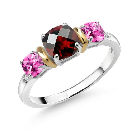 Gem Stone King 1.66 Ct Cushion Checkerboard Red Garnet Pink Created Sapphire 925 Silver and 10K Yellow Gold Diamond 3-Stone Ring (Size 7)