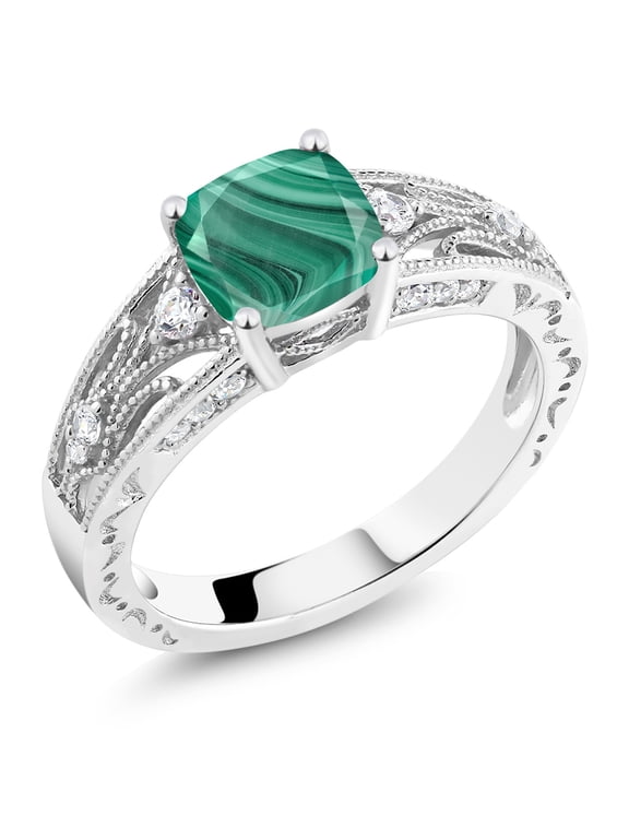1.66 Ct Cushion Green Malachite 925 Sterling Silver Ring (Size 5)
