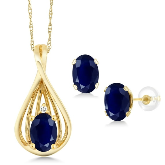 Gem Stone King 1.66 Ct Oval Blue Sapphire White Diamond 10K Yellow Gold Pendant and Earrings Jewelry Set