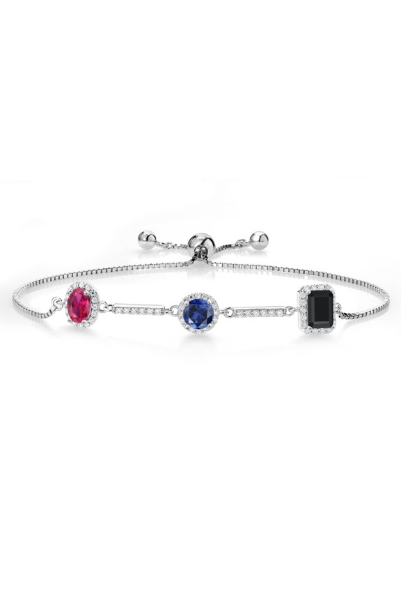 1.66 Ct Oval Red Created Ruby Blue Created Sapphire 925 Sterling Silver Bracelet for Women
