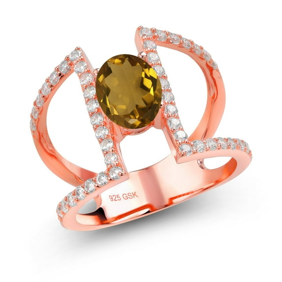 Gem Stone King 1.66 Ct Oval Whiskey Quartz 18K Rose Gold Plated Silver Ring (Size 5)