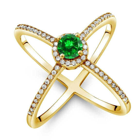 Gem Stone King 1.66 Ct Round Green Created Emerald 18K Yellow Gold Plated Silver Criss Cross X Ring (Size 7)