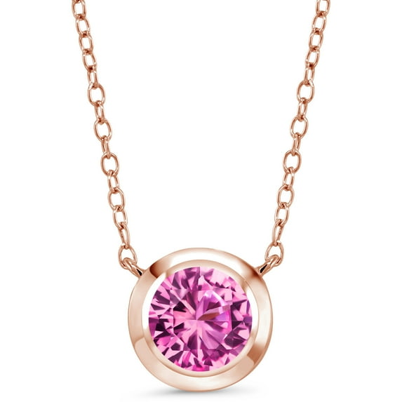 Gem Stone King 1.66 Ct Round Pink Created Sapphire 18K Rose Gold Plated Silver Solitaire Necklace