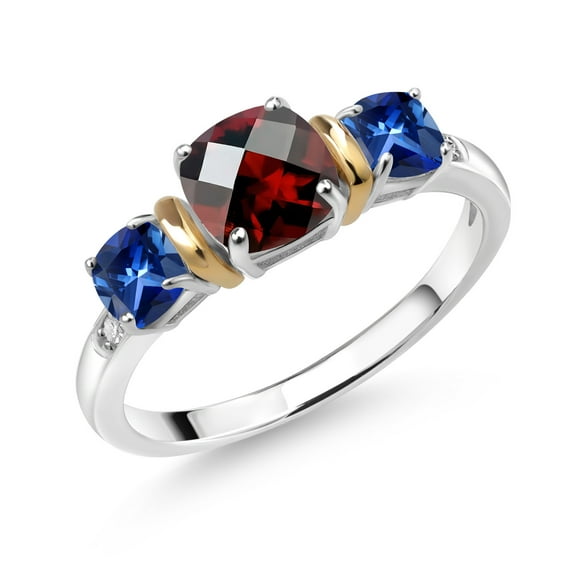 Gem Stone King 1.67 Ct Cushion Checkerboard Red Garnet Blue Created Sapphire 925 Silver and 10K Yellow Gold Diamond 3-Stone Ring (Size 9)