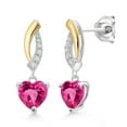 thumbnail image 1 of Gem Stone King 1.67 Ct Heart Shape 6mm Pink Created Sapphire 925 Silver and 10K Yellow Gold Lab Grown Diamond Dangle Earrings, 1 of 3