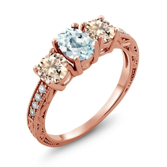 Gem Stone King 1.67 Ct Oval Sky Blue Aquamarine Peach Morganite 18K Rose Gold Plated Silver Moissanite Ring (Size 9)