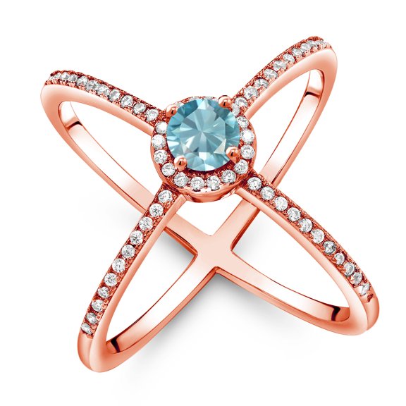 Gem Stone King 1.67 Ct Round Blue Zircon 18K Rose Gold Plated Silver Criss Cross X Ring (Size 7)
