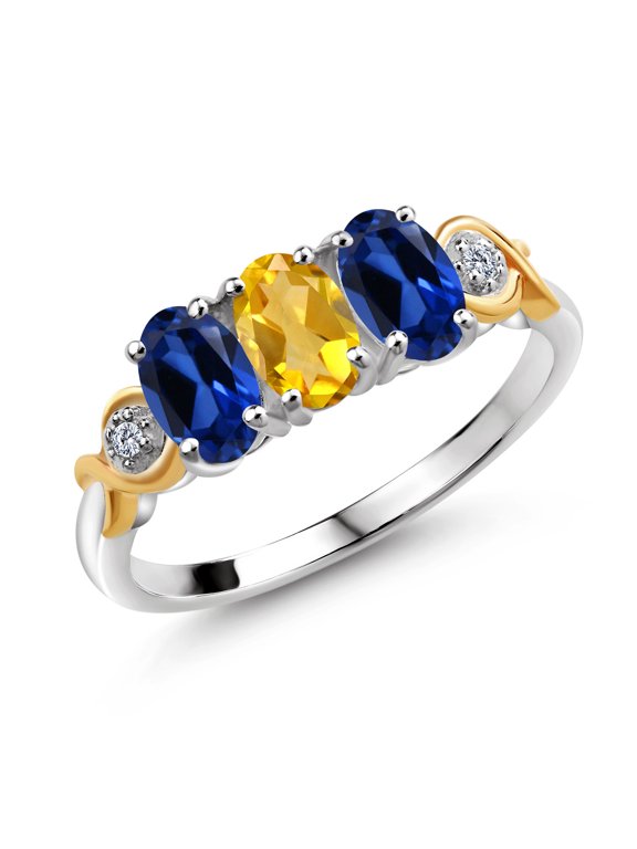 1.67 Ct Yellow Citrine Blue Created Sapphire 925 Silver and 10K Yellow Gold G-H Lab Grown Diamond Women Ring (Size 7)