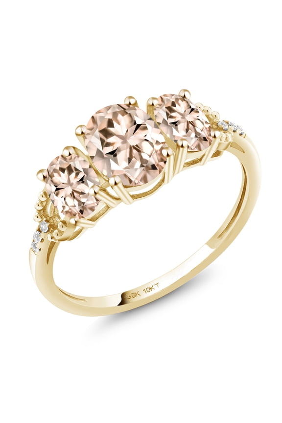 1.67 Cttw 10K Yellow Gold Peach Morganite and Accent Diamond 3-Stone Engagement Ring for Women | Oval 7X5MM and 6X4MM | Gemstone Birthstone | Size 5,6,7,8,9