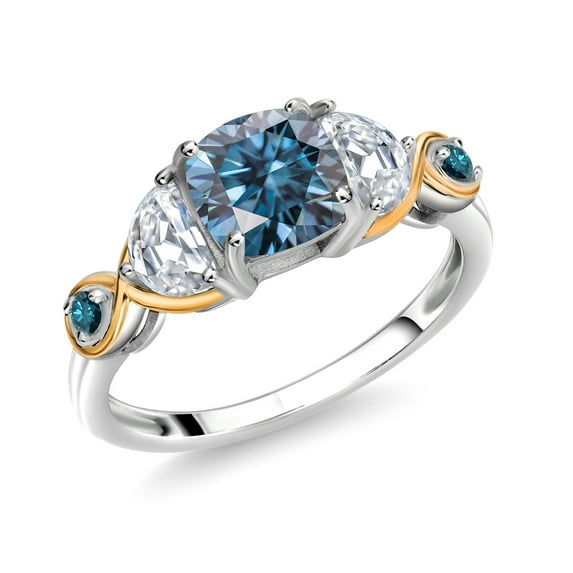 Gem Stone King 1.67 Cttw Cushion Persian Blue Moissanite Half Moon White Moissanite and Blue Diamond Engagement Ring for Women | 925 Silver and 10K Yellow Gold (Size 5)