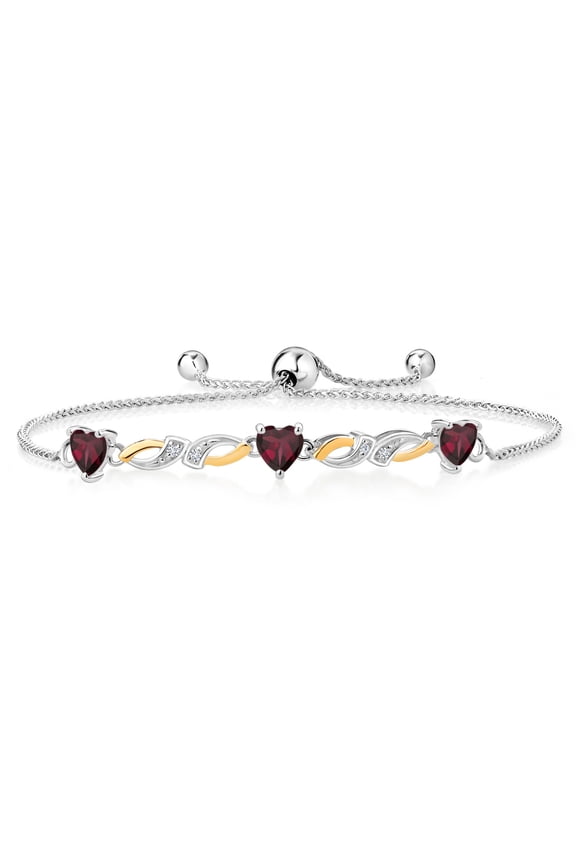 1.68 Ct Heart Shape Red Rhodolite Garnet 925 Silver and 10K Yellow Gold Lab Grown Diamond Bracelet for Women