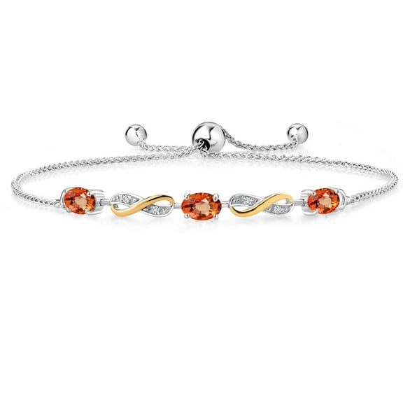 Gem Stone King 1.68 Ct Oval Orange Sapphire 925 Silver and 10K Yellow Gold Lab Grown Diamond Adjustable Infinity Bracelet for Women Mother's Mom Wife Her