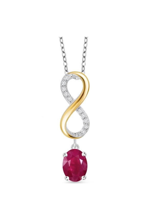 1.68 Ct Oval Red Ruby 925 Silver and 10K Yellow Gold Lab Grown Diamond Infinity Pendant Necklace with Chain