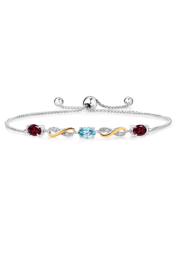 1.68 Ct Red Rhodolite Garnet Blue Zircon 925 Silver and 10K Yellow Gold Lab Grown Diamond Adjustable Infinity Bracelet for Women Mother's Mom Wife Her