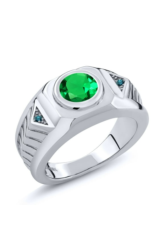 1.68 Ct Round Green Simulated Emerald Blue Diamond 925 Silver Men's Ring