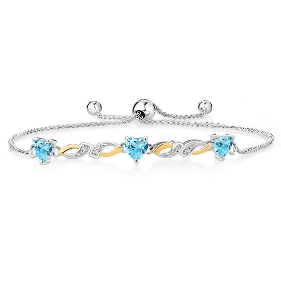 Gem Stone King 1.68 Cttw 5MM Heart Shape Swiss Blue Topaz 925 Silver and 10K Yellow Gold Lab Grown Diamond Bracelet for Women | Bollo Bracelet | Fully Adjustable up to 9 inch | Easy-On Easy-Off