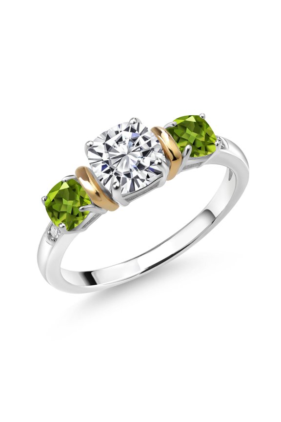 1.68 Cttw 925 Silver & 10K Yellow Gold IGI Certified Lab Grown Diamond and Peridot 3 Stone Ring for Women | 1 Ct Center Cushion Cut Diamond | E-F Color VS1-VS2 Clarity (Size 5)