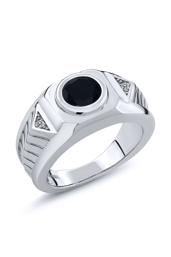 1.68 Cttw Black Onyx and White Diamond 925 Sterling Silver Ring for Men | Gemstone Birthstone | Round 8MM | Available in Size 7, 8, 9, 10, 11, 12, 13