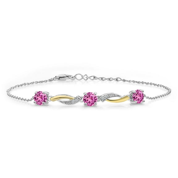 Gem Stone King 1.69 Ct Pink Created Sapphire E-F Lab Grown Diamond 925 Silver and 10K Yellow Gold 7 inch Tennis Bracelet for Women with 1 inch Extender
