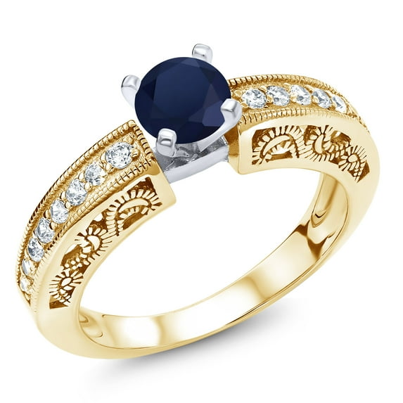 Gem Stone King 1.69 Ct Round Blue Sapphire 18K Two-Tone Plated Sterling Silver Ring (Size 5)
