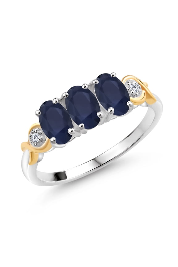 1.69 Cttw Oval Blue Sapphire and Lab Grown Diamond 3-Stone Ring for Women | 925 Silver and 10K Yellow Gold | Gemstone Birthstone | Available in Size 5, 6, 7, 8, 9