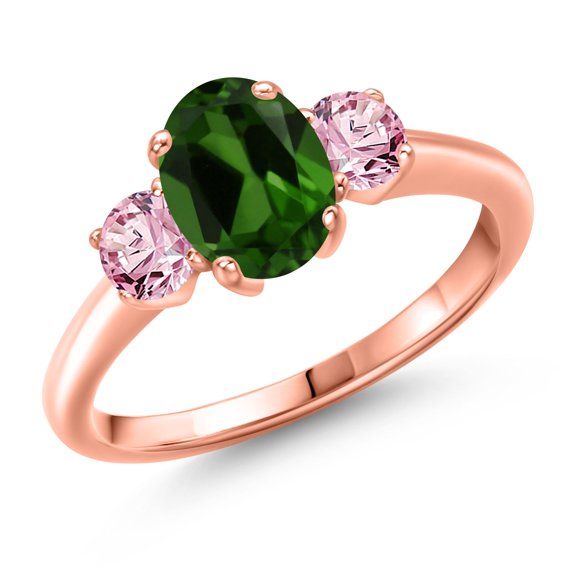 Gem Stone King 1.70 Ct Green Chrome Diopside Pink Lab Grown Diamond 18K Rose Gold Plated Silver Ring
