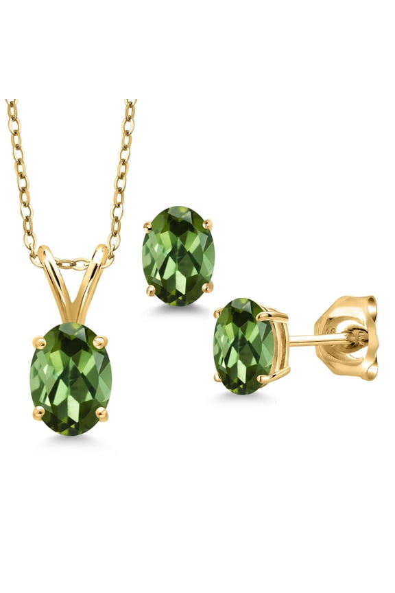 1.70 Cttw Green Tourmaline 18K Yellow Gold Plated Silver Pendant Earrings Set for Women | Gemstone Birthstone | With 18 inch Chain
