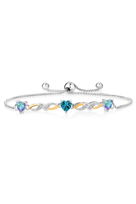 1.70 Ct Heart Shape Mercury Mist Mystic Topaz London Blue Topaz 925 Silver and 10K Yellow Gold Lab Grown Diamond Bracelet for Women