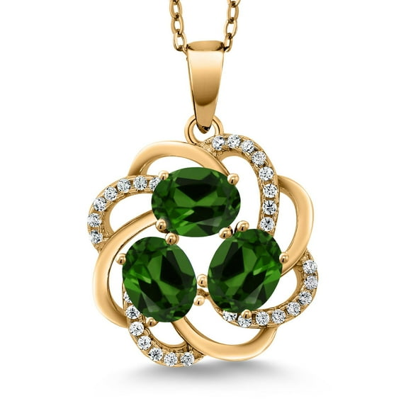 Gem Stone King 1.70 Ct Oval Green Chrome Diopside 18K Yellow Gold Plated Silver 3-Stone Pendant