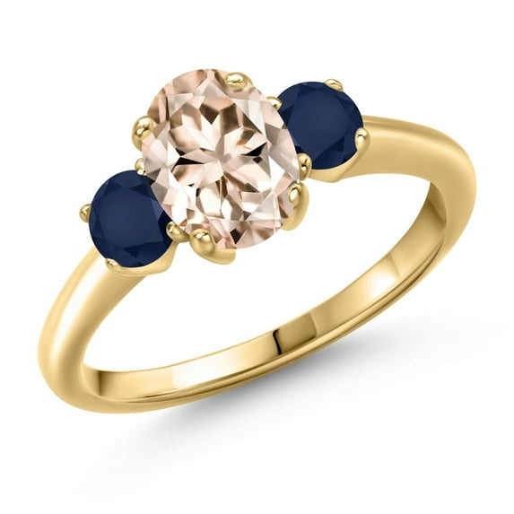 Gem Stone King 1.70 Ct Oval Peach Morganite Blue Sapphire 18K Yellow Gold Plated Silver Ring