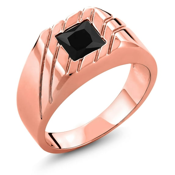 Gem Stone King 1.70 Ct Princess Black Onyx 18K Rose Gold Plated Silver Men's Ring (Size 11)