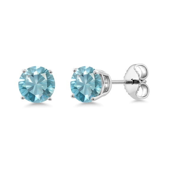 Gem Stone King 1.70 Ct Round 5mm Blue Zircon 925 Sterling Silver Stud Earrings for Women Men
