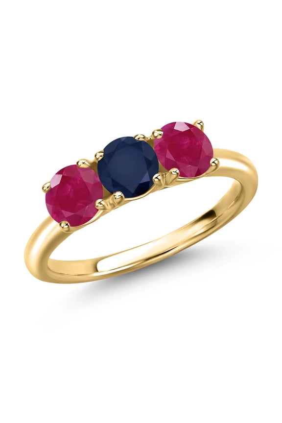 18K Yellow Gold Plated Silver Blue Sapphire and Red Ruby Engagement Ring for Women | 1.70 Cttw | Round 5MM | Gemstone September Birthstone | Size 7