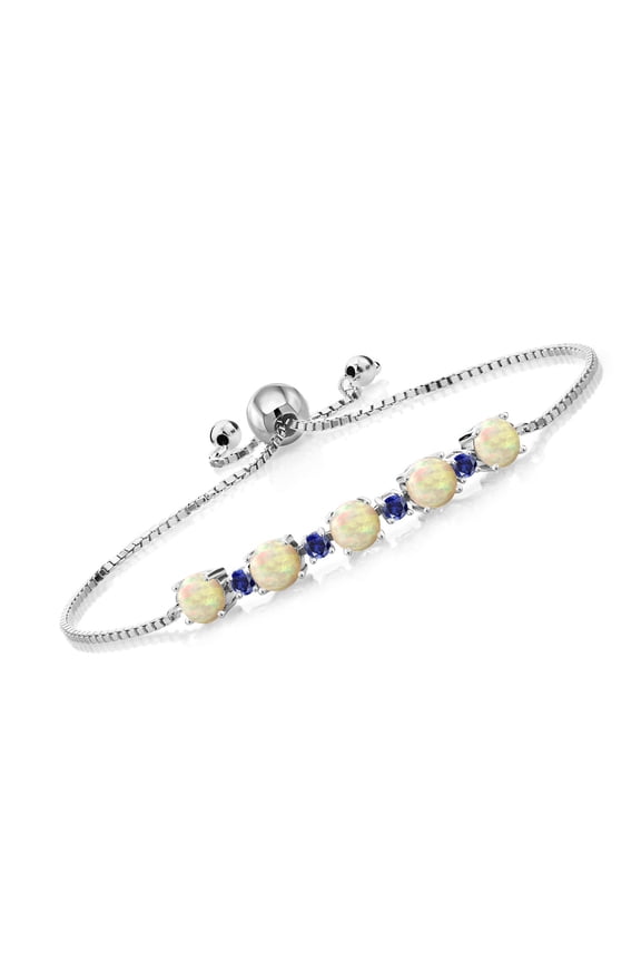 1.70 Ct Round Cabochon White Ethiopian Opal Blue Created Sapphire 925 Silver Tennis Bracelet for Women