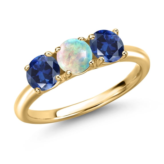 Gem Stone King 18K Yellow Gold Plated Silver Simulated White Opal and Blue Created Sapphire Engagement Ring for Women | 1.70 Cttw | Round Cabochon 5MM | Gemstone October Birthstone | Size 5