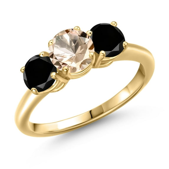 Gem Stone King 18K Yellow Gold Plated Silver Peach Morganite and Black Diamond Engagement Ring for Women | 1.70 Cttw | Round 6MM | Gemstone October Birthstone | Size 9