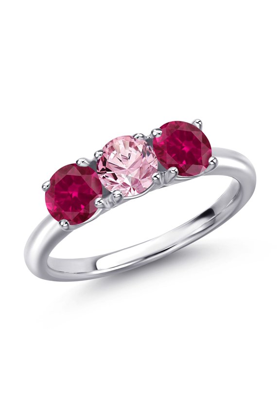 925 Sterling Silver Pink Lab Grown Diamond and Red Created Ruby Engagement Ring for Women | 1.70 Cttw | Round 5MM | Gemstone April Birthstone | Size 6