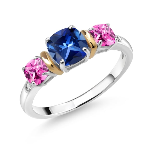 Gem Stone King 1.71 Ct Blue Created Sapphire Pink Created Sapphire 925 Silver and 10K Yellow Gold Diamond 3-Stone Ring (Size 5)