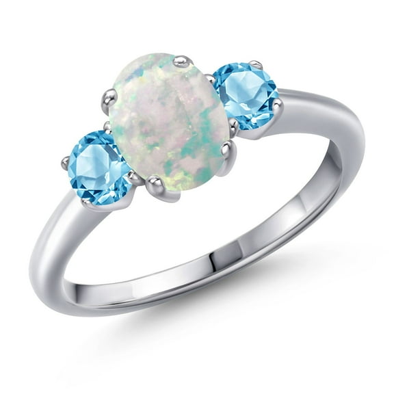 Gem Stone King 1.71 Ct Oval Cabochon White Simulated Opal Swiss Blue Topaz 925 Sterling Silver Ring (Size 7)