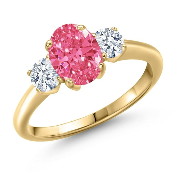 Gem Stone King 1.71 Ct Oval Fancy Pink Zirconia 18K Yellow Gold Plated Silver Ring