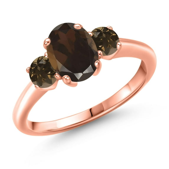 Gem Stone King 1.72 Ct Oval Brown Smoky Quartz 18K Rose Gold Plated Silver Ring