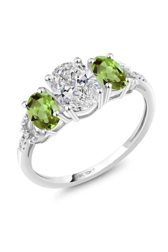 1.72 Cttw 10K White Gold Lab Grown Diamond and Green Peridot 3-Stone Engagement Ring | Center Oval Diamond 0.70 Ct | DEF Color | VVS-VS Clarity |Size 6